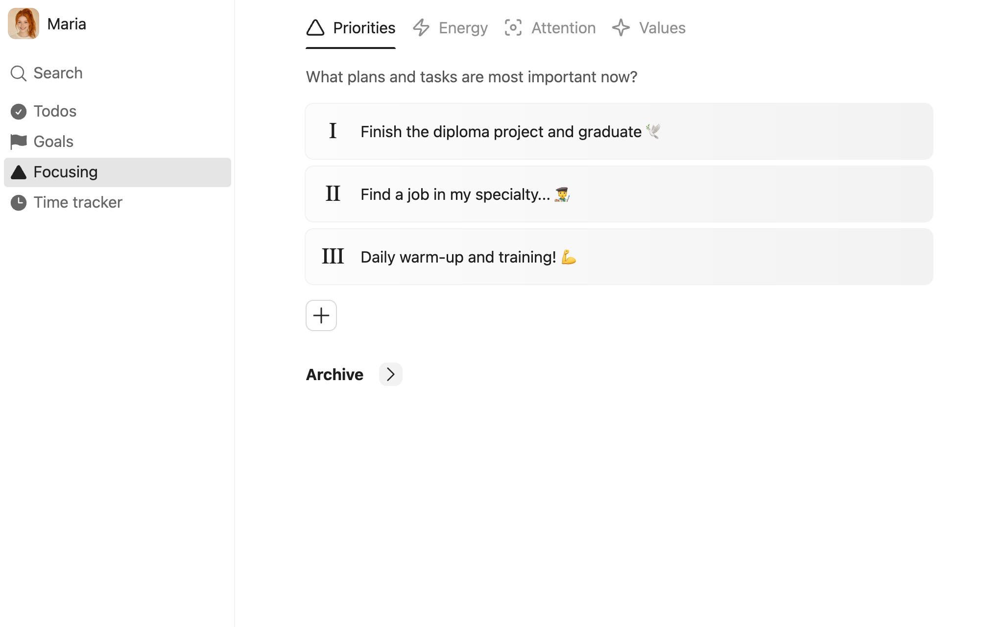 Screenshot of ForgeSelf: Focusing – priorities