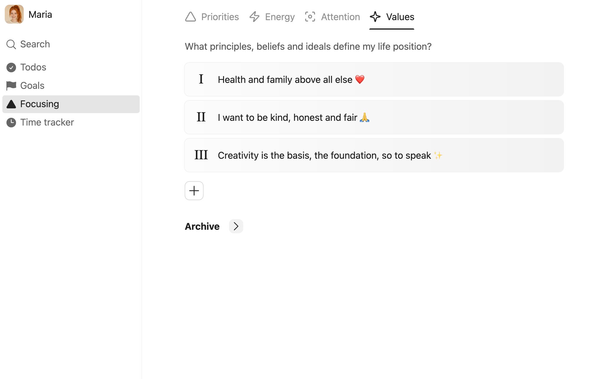 Screenshot of ForgeSelf: Focusing – values