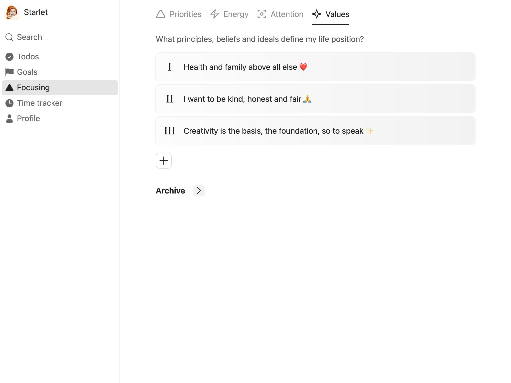 Screenshot of ForgeSelf: Focusing – values